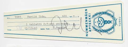 Nummenmäen Apteekki Turku  , resepti  signatuuri  1960