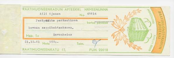 raatihuoneen Apteekki Hämeenlinna  resepti  signatuuri  1961