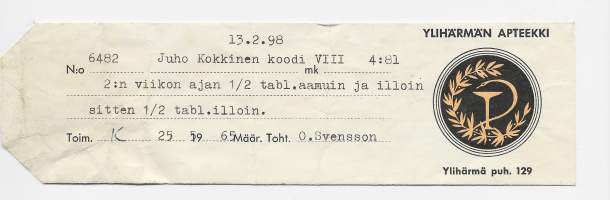 Ylihärmän  Apteekki Ylihärmä resepti  signatuuri  1965