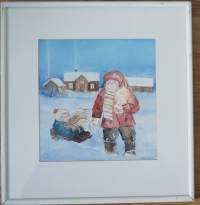 Tuula Tiitinen, &quot;Mökin lapset&quot; akvarelli sign 1980, kehystetty 37x37 cm