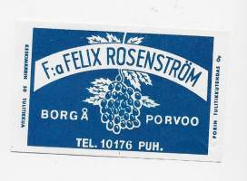 F:a Felix Rosenström Porvoo  -  tulitikkuetiketti