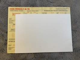 Renault 1968 16 TS -säätöarvokortti / säätöarvot, monikielinen -technical specifications, multilingual
