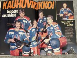 Hymy 1977 nr 1 - Kansi-tyttö Arja Lehtinen -Tuleva Miss Suomi?, Katri-Helena muistelee, Maailman suurimmat, Spede löi isää lasten nähden, ym.