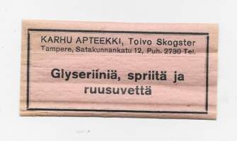 Glyseriiniä, spriitä ja ruusuvettä / Karhu Apteekki  Toivo SkogsterTampere  apteekkietiketti