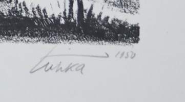 Aukusti Tuhka, &quot;Tunturi&quot; litografia sign 1950,  41x51 cm  metallikehys lasi puuttuu