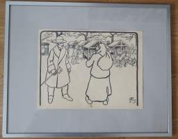Alexander Paischeff, &quot;Punaisen lähteen torilla&quot; Viipuri tussipiirros tekstiä takana sign AP -15 , 51x61  cm