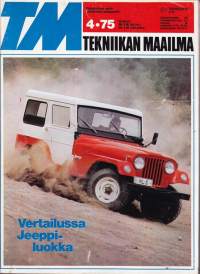 Tekniikan maailma TM 1975 N:o 4. Katso sisältö kuvista. Mm. Väritelevisiovertailu, Jeeppiluokkavertailu, Koekuvaus: Petri Computor II, Ricoh 500 G