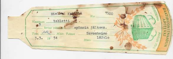 Raatihuoneenkadun   Apteekki  Hämeenlinna resepti  signatuuri  1954