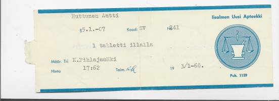 Iisalmen Uusi  Apteekki  Iisalmi resepti  signatuuri  1968