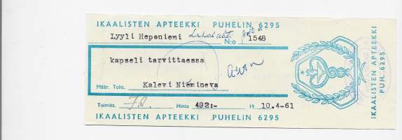 Ikaalisten  Apteekki  Ikaalinen resepti  signatuuri  1961