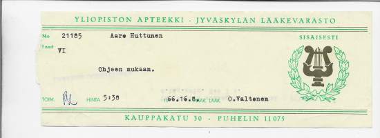 Yliopiston Apteekki  Jyväskylän Lääkevarastoresepti  signatuuri  1966