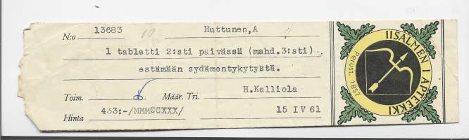 Iisalmen I Apteekki  Iisalmi resepti  signatuuri  1961
