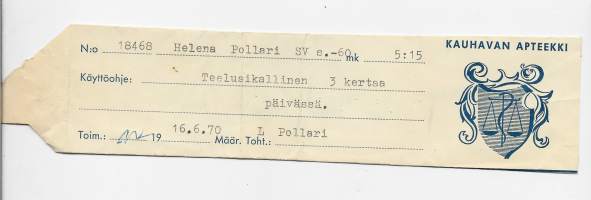 Kauhavan Apteekki  Kauhava  resepti  signatuuri  1970