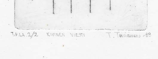 Toiviainen T, &quot;Kivinen viesti&quot; grafiikka tpla 2/2 sign 1989, kehystetty 17x13 cm