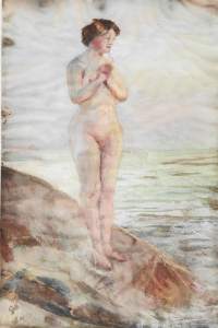 Tuntematon taiteilija, &quot;Nainen rannalla&quot;, akvarelli Zorn kopio sign SW kehystetty 35x25 cm