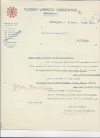 Yleinen Varasto Oy Helsinki 1923 -  firmalomake