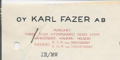Karl Fazer Oy Helsinki 1951  -  firmalomake