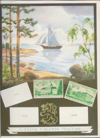 Svenska Finlands Folkting - keräilykuvataulu 1949 -liimattuina , Österbotten ja Åboland keräilykuvat.