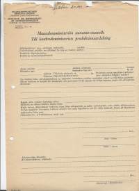 Maataloustraktorin ostolupa-anomus Maatalousministeriön tuotanto-osastolle  blanko lomake 1940-luku