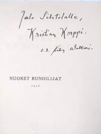 Nuoret runoilijat 1926 (signeerattu, tekijän omiste, signeerattu Kristian Korppi o.s. Mika Waltari, ERINOMAINEN)
