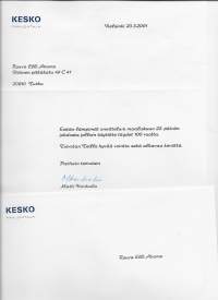 100 vuotis onnittelukirje 2001 Kesko Oy Pääjohtaja Matti Honkala nimikirjoitus