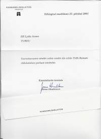 100 vuotis onnittelukirje 2001 Kansaneläkelaitos Pääjohtaja Jorma Huuhtanen nimikirjoitus