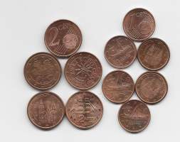 1 ja 2  Euro cent eri maita yht 11 kpl erä