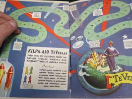 Lasten kirjava Non Stopkuvitettuja tarinoita, sarjakuvia mm. Simo Säde, koneita, avaruusaiheinen lautapeli &quot;Kilpa-ajo Te Vedaan&quot;, takakansi Chymos-nimikirjoituspeli