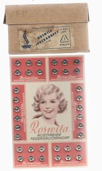 Roswita rostfreier Federdruckknopf  neppareita , tuotepakkaus 5 krossia    alkuperäinen avaamaton tukkupakkaus ( vanhan tukkuliikkeen varastoa 40-50-luvulta)