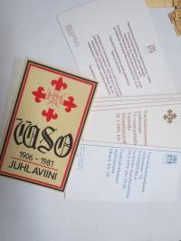 VaSo - Varsinais-Suomalainen Osakunta - kutsjuja ja 1906-1981 juhlaviinin etiketti