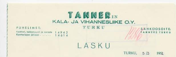 TANNERin Kala- ja Vihannesliike Turku 1951  - firmalomake