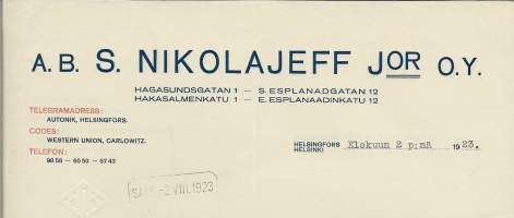 S. Nikolajeff Jor Oy 1923 - firmalomake