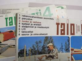 Talo ja Koti -kirjasarja osat 1-8, täydellinen sarja - yleistajuinen johdatus 1970-luvun pientalorakentamiseen (silloisine virheineen!), runsas kuvitus, mainoksia