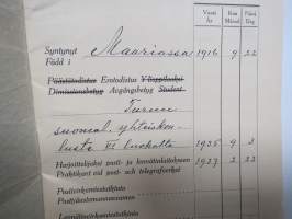 Harjoittelijakirja - Praktikantbok M.M.M. Jaakkola, Posti- ja lennätinlaitokseen 1937