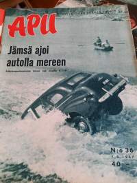 Apu 1957 nro 36 (7.9.) Jämsä ajoi autolla mereen, sortin sakki Saimaalla, autokuninkaan lemmentarina