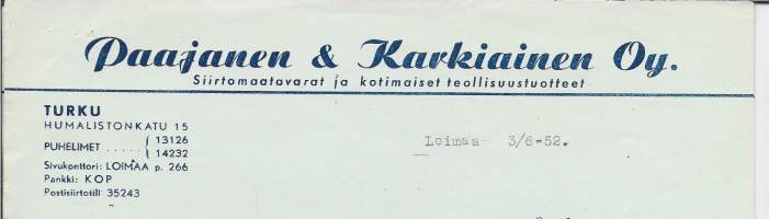 Paajanen&amp;Karkiainen Oy 1952 ,  firmalomake