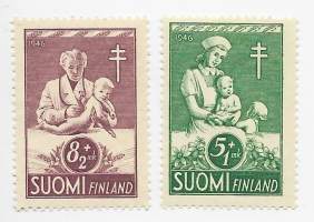 Suomi 5 mk + 1 mk ja 8 mk + 2 mk 1946 Tuberkuloosi postituore ** postimerkki 2 kpl