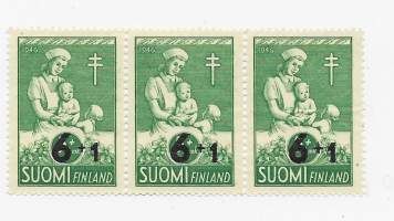Suomi 6+1 mk/ 5+1 mk 1947  Tuberkuloosi postituore ** postimerkki 3 kpl