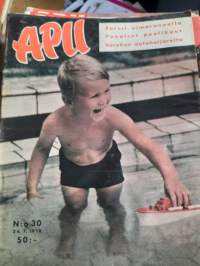 Apu 1958 nr 30 (26.7.1958) farssi uimarannalla, punaiset puolikuut, varokaa autohuijareita