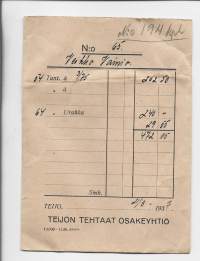 Teijon Tehtaat Oy  palkkapussi 1937     firmakuori
