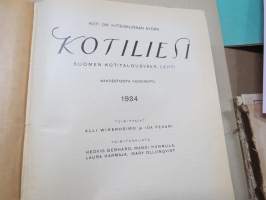 Kotiliesi 1934 vuosikerta -kotien yleisaikakauslehti, kansikuvitukset Rudolf Koivu / Martta Wendelin