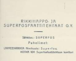 Rikkihappo- ja Superfosfaattitehtaat Oy Lappeenranta 1938 - firmalomake