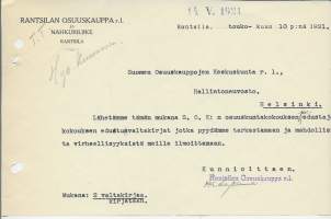 Rantsilan  Osuuskauppa ja Nahkurinliike Rantsila 1921 - firmalomake