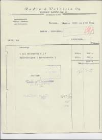 Radio ja Valaisin Turku 1942  - firmalomake