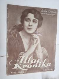 Allas Krönika 1928 nr 18, Pauline Brunius, Musik i Helsingfors, Madame Skilondz i Helsingfors, osv.