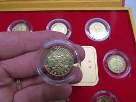 2008 Beijing Olympics commemorative coins, 1 juan, full set in capsules, in original box - 2008 Peking olympialaiset, muistorahat 1 juan koko 8 kpl sarja kapseleissa