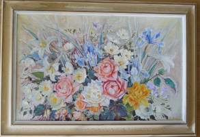 Irja Soini,&quot;kukkia&quot; öljyvärimaalaus kankaalle  50x79 cm /