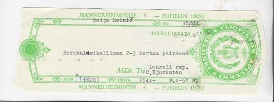 Yliopiston Apteekki Mannerheimintie Helsinki - resepti signatuuri 1958