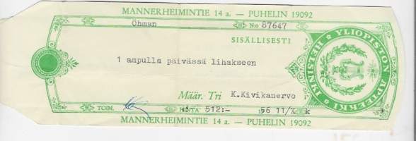Yliopiston Apteekki Mannerheimintie Helsinki - resepti signatuuri 1956