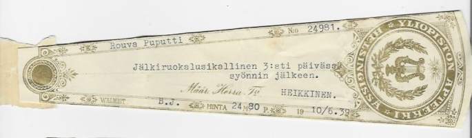 Yliopiston Apteekki  Helsinki - resepti signatuuri 1939